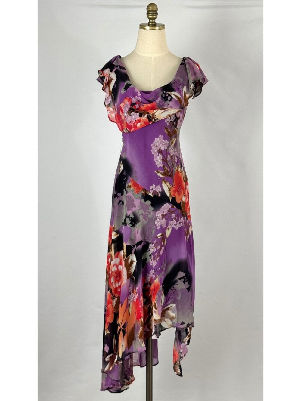 Vtg Y2K Purple Floral Asymmetrical Dress Handkerchief Hem Flutter Sleeve Fairy - Picture 1 of 13